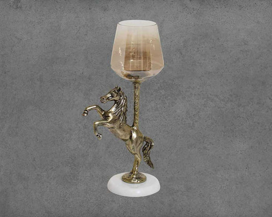 Adella Pillar Candle Holder with jumping horse in golden color- large