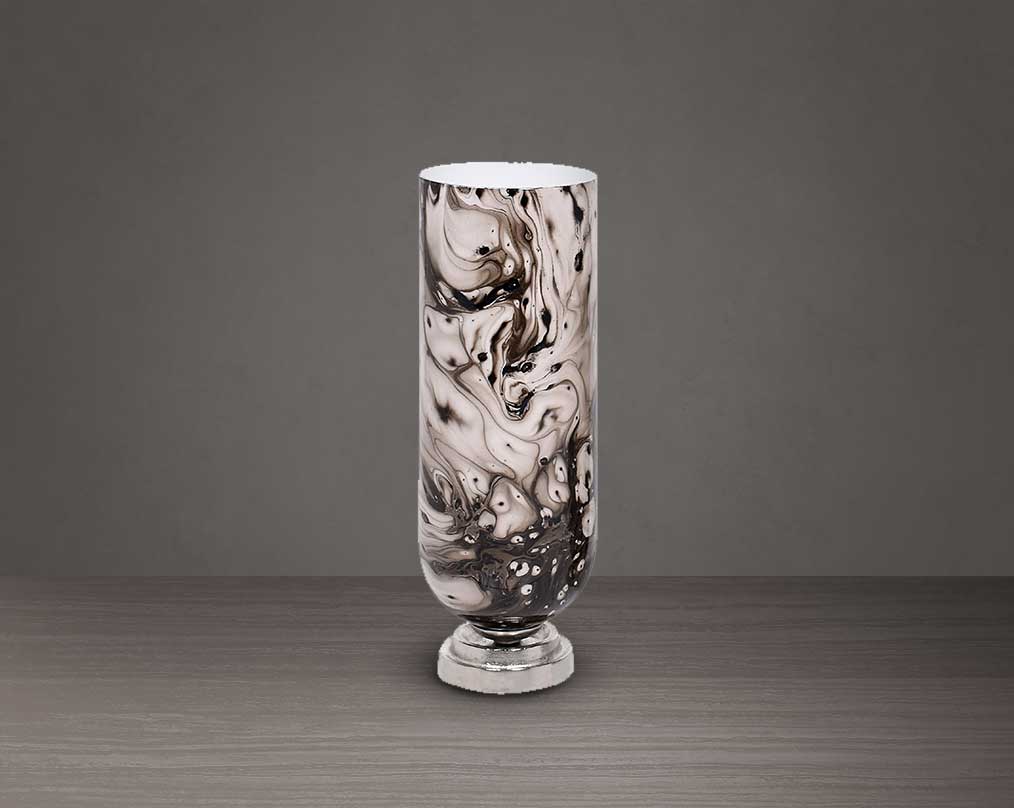 Hurricane candle holder in marquina enamel and nickel coated aluminium base. large