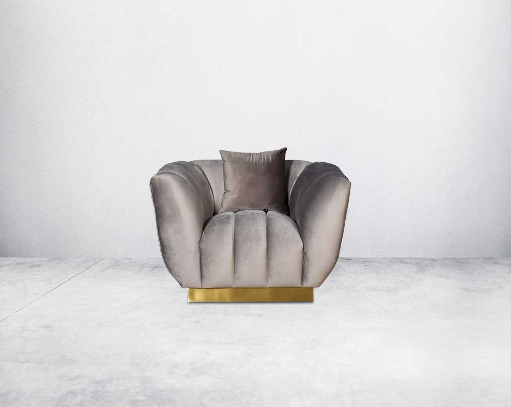 This gorgeous neo-classic 1 seater sofa is upholstered in high-quality velvet fabric with a vertical quilted backrest that accentuates simplicity and comes with 6 beautiful cushions to compliment.