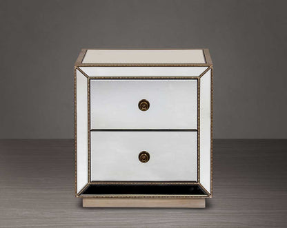 Bedside table in mirror and antique silver with 2 drawers open view