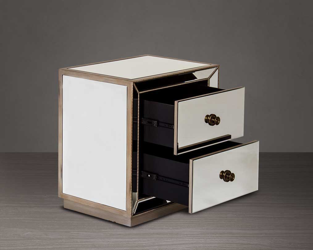 Bedside table in mirror and antique silver with open 2 drawers.