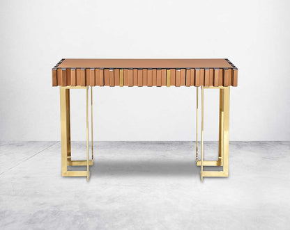 The table has one drawer with rectangular wall mirror with gold mirror border & stainless steel frame in rich contemporary design front view
