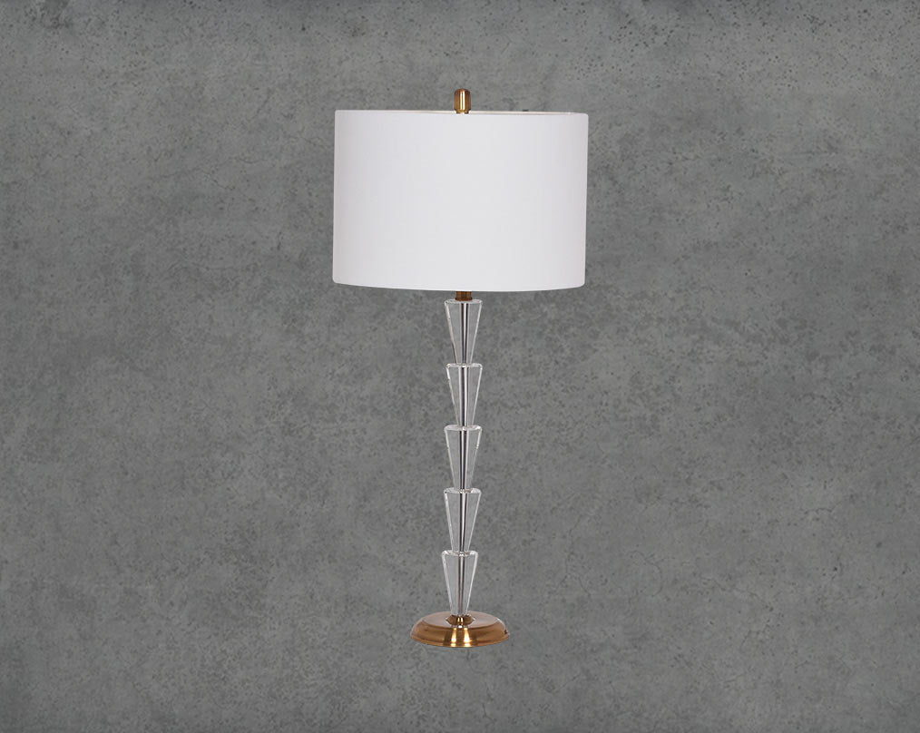 Table lamp with crystal and bronze metal stand base with translucent fabric shade in ultra modern design