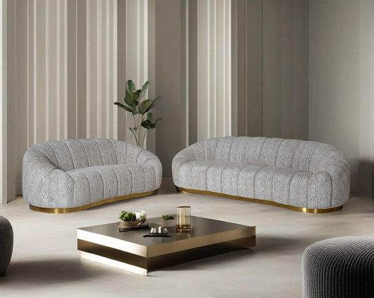 This 3+2 beautiful fabric sofa features vertical channel quilting with an outstanding design.