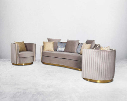 This 3+1+1 sofa set is an elegant statement piece with clean lines softened by subtle curves. Vertical channel quilting is an outstanding design detail on this sofa.