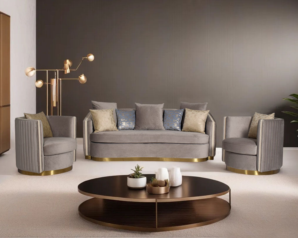 This 3+1+1 sofa set is an elegant statement piece with clean lines softened by subtle curves. Vertical channel quilting is an outstanding design detail on this sofa.