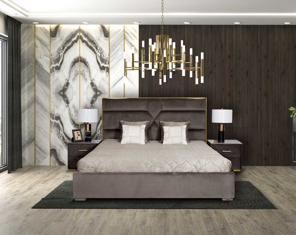 The bedside table comes with luxury bed  a fully upholstered and grey marble top with 2 drawers with matt gold base & handles in modern classic design.