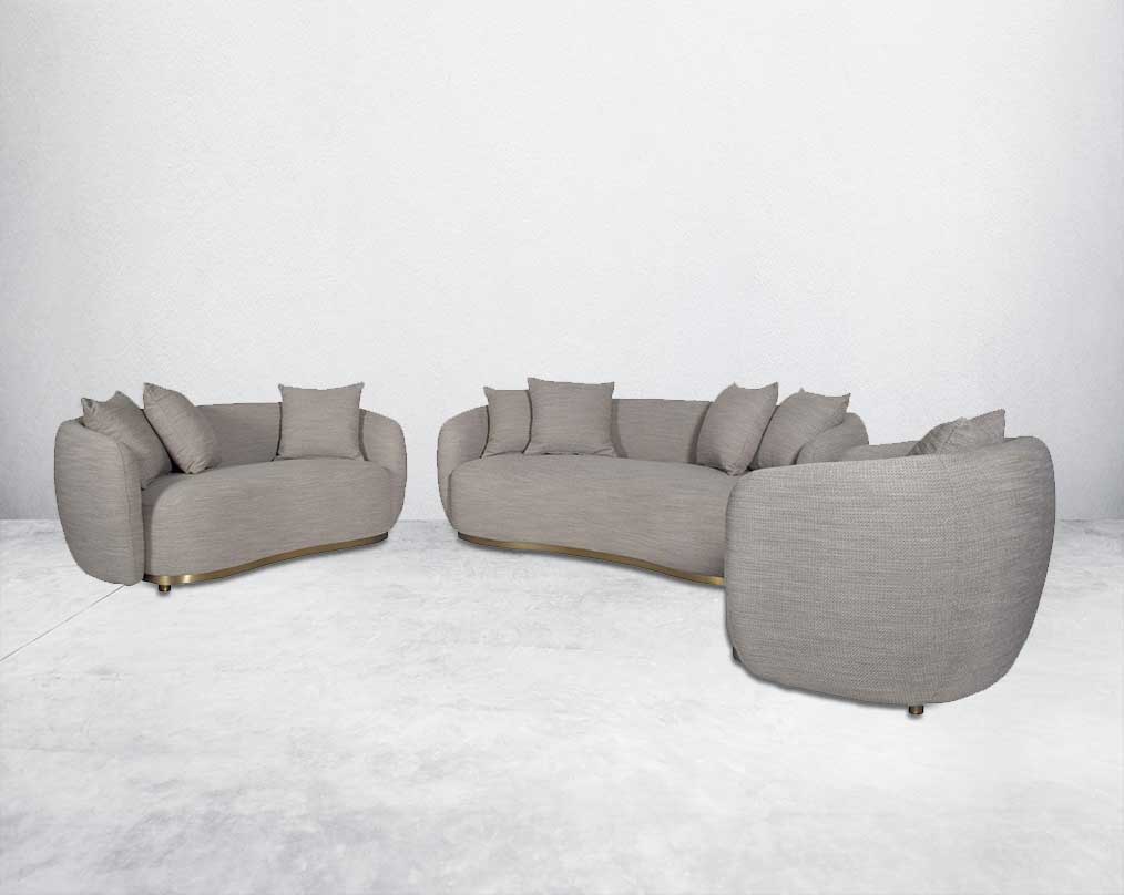 This 3+2+1 luxurious sofa set with a contemporary feel, it glams up with an extremely attractive look Upholstered in high-quality fabric, this modern sofa sits upon a gold-plated stainless steel metal base.