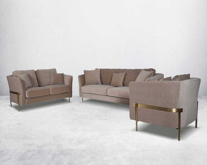 This 3+2 seater sofa set is an elegant statement piece with clean lines softened by subtle curves 6 cushions to compliment