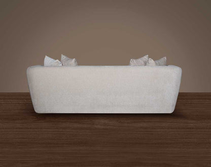 This 2 sofa behind set in high-quality fabric is an epitome of luxury, an astonishing piece of modern design. The sofa's gently curved back with its distinctive flared padded arms wrap the seat in a sweeping embrace.