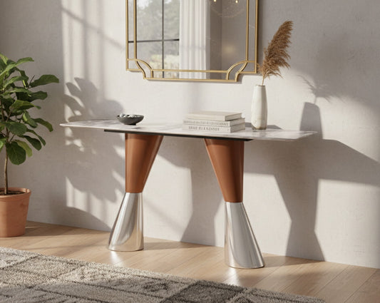 This console table features a sleek marble top comes with uniquely shaped legs in high-polished stainless steel with a brushed rose gold finish. A perfect accent piece for entryways or living rooms.