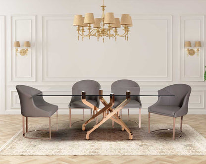 This chic 6 seater rectangular dining table with tempered glass table top which creates a striking contrast with shiny rose gold plated criss cross stainless steel base in rich contemporary design A chic chair with a lavish appeal with faux leather uphols