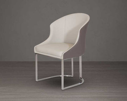 This dining chair stands resplendent with a rich contemporary look. It is crafted in faux leather upholstery and comes in two colours with glossy, silver-plated, stainless steel legs