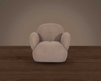 This sinuous & soft 1 seater sofa exudes a sense of calm & ease, upholstered in high-quality boucle fabric with wooden legs front view