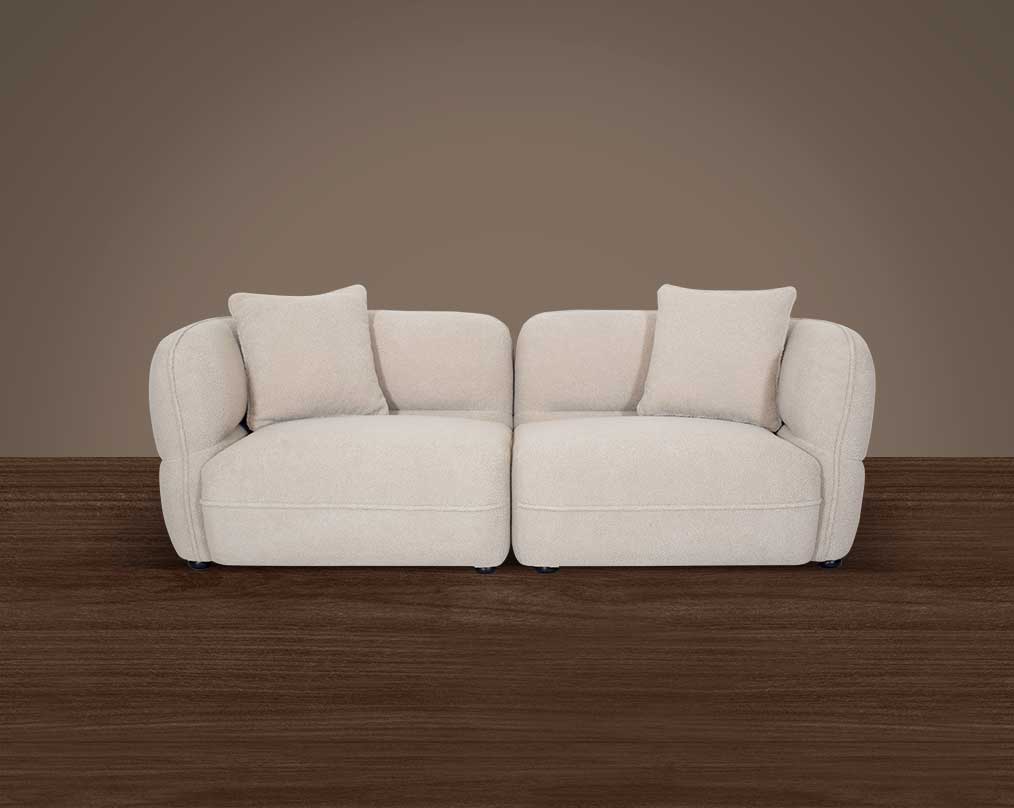 This 2 sofa set with white colour is an embodiment of modern elegance with clean lines softened by subtle curves and a soft seat cushion which comes in high-quality boucle  to compliment 