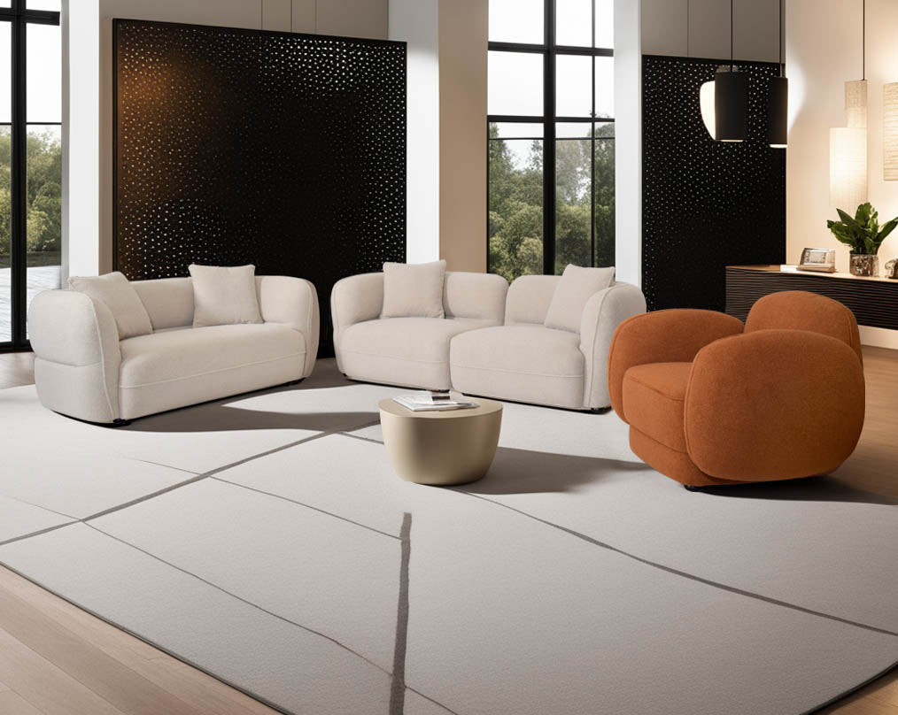 This 3+2 sofa set is an embodiment of modern elegance with clean lines softened by subtle curves. It has elegantly rounded armrests and a soft seat cushion which comes in high-quality boucle fabric & 4 cushions to compliment with wooden legs,