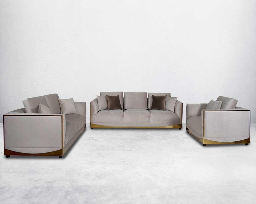 This 3+2+1 sofa set is an elegant statement piece with clean lines softened by subtle curves.