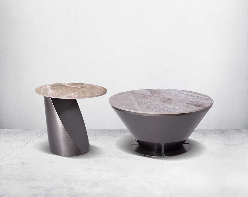 This round coffee table with sintered stone comes with a stainless steel titanium finished conical base bringing a rich contemporary luxurious style to any living room.