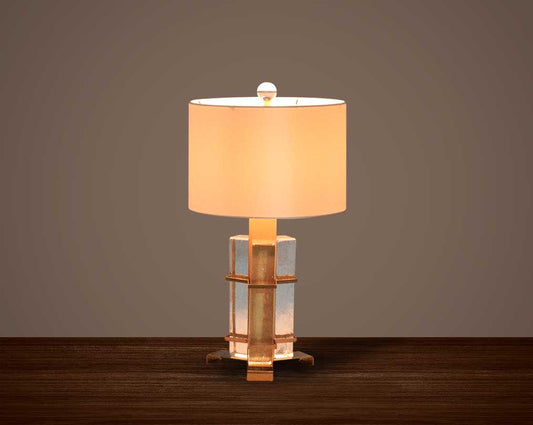 Table lamp in coffee bronze and glass with translucent fabric shade in ultra modern design..
