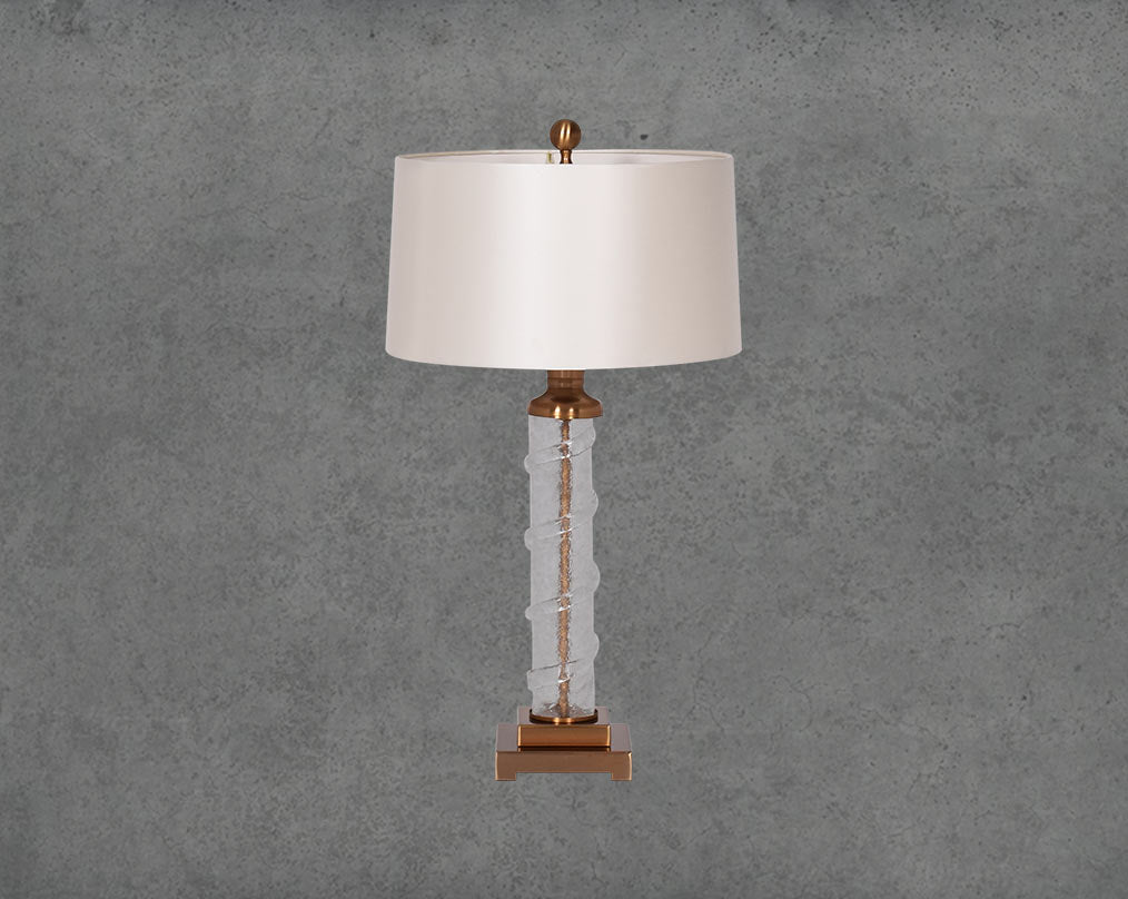 Table lamp in coffee bronze and glass with sliver colour translucent fabric shade in ultra modern design.