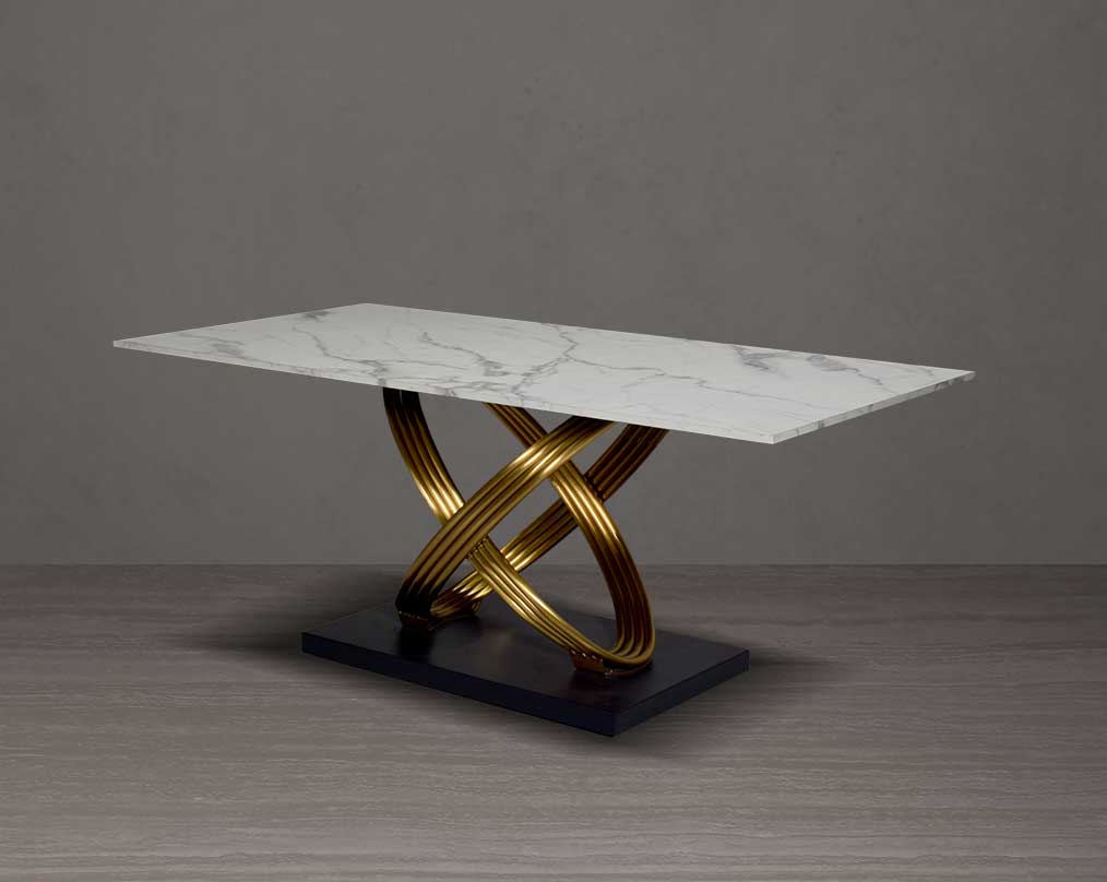 This voguish 6 seater rectangular dining table is cast with a white faux marble top & matt gold plated stainless steel.