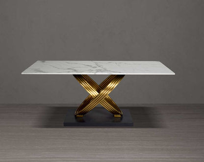 This voguish 6 seater rectangular dining table is cast with a white faux marble top & matt gold plated stainless steel front view.