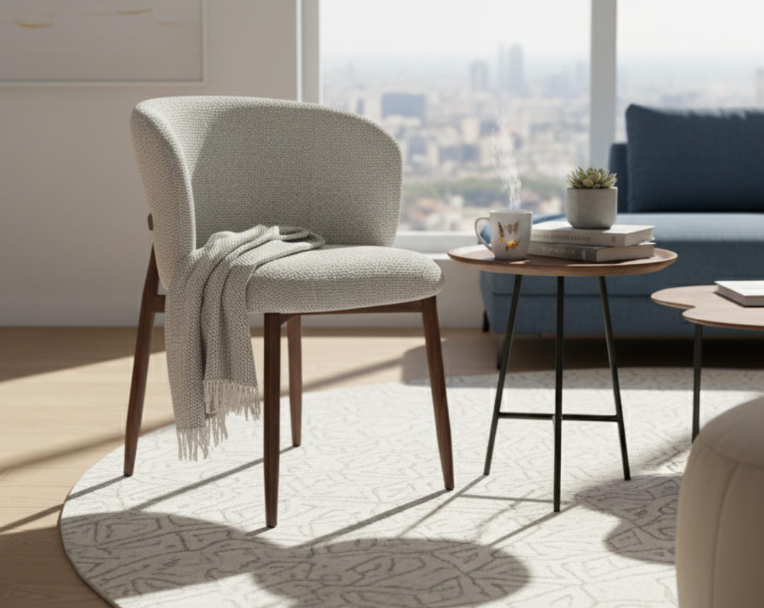 Modern living room with a chair, side table, and sofa near large windows.