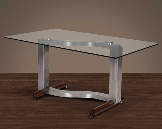 6 seater rectangle dining table with clear tempered glass top with brushed stainless steel and ash wood base