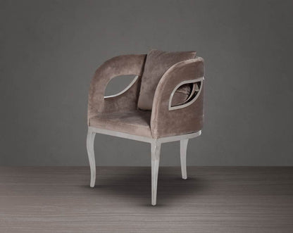 Leisure arm chair in fabric with stainless steel frame and legs.