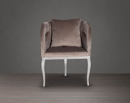 Leisure arm chair in fabric front with stainless steel frame and legs.