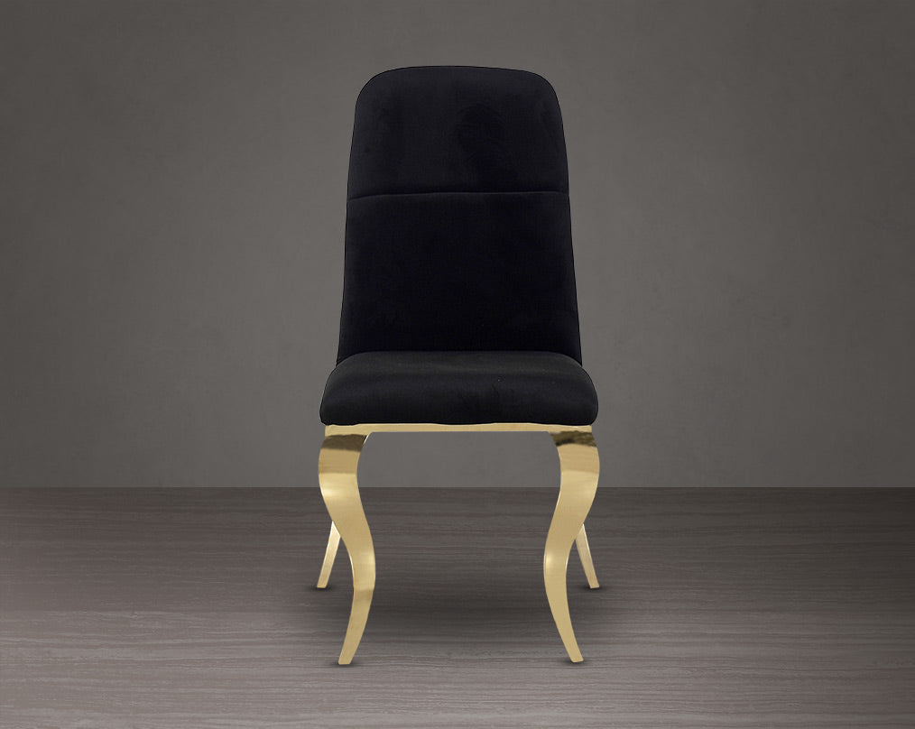 Dining chair upholstered in fabric front view with gold plated stainless steel legs.