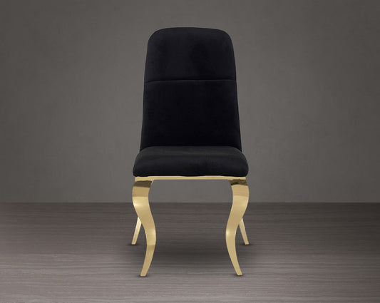 Dining chair upholstered in fabric front view with gold plated stainless steel legs.