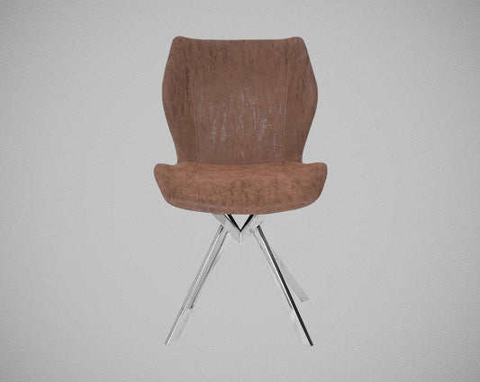 Dining chair with front upholstered in faux leather with high polished stainless steel legs