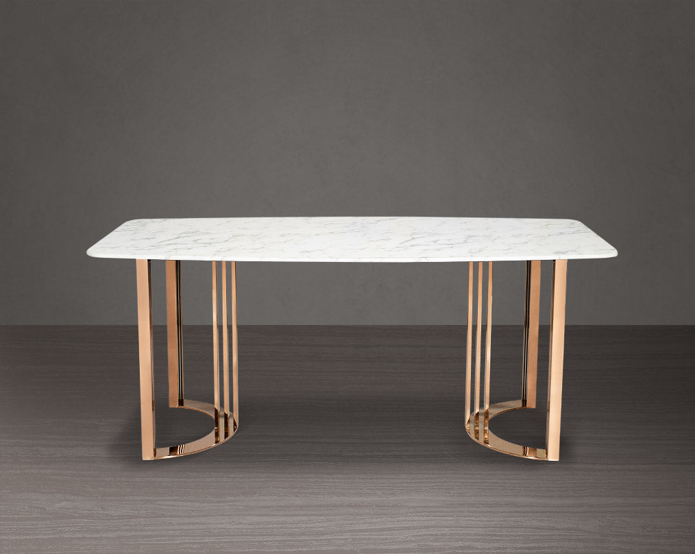 6 & 8 Seater rectangular dining table with white marble top and high polished rose gold plated stainless steel base. 