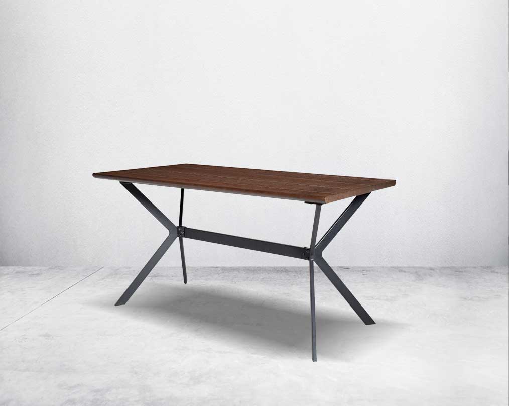 his 6-seater dining table comes with a wood veneer top with matt black metal base in a cross design.