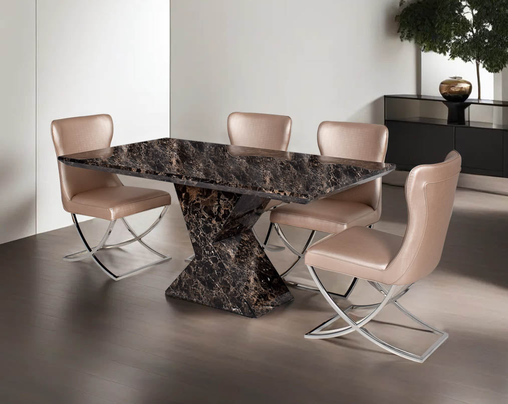 6 & 8 Seater rectangular marble dining table. Dining chair upholstered in faux leather with high polished stainless steel legs in a cross design.