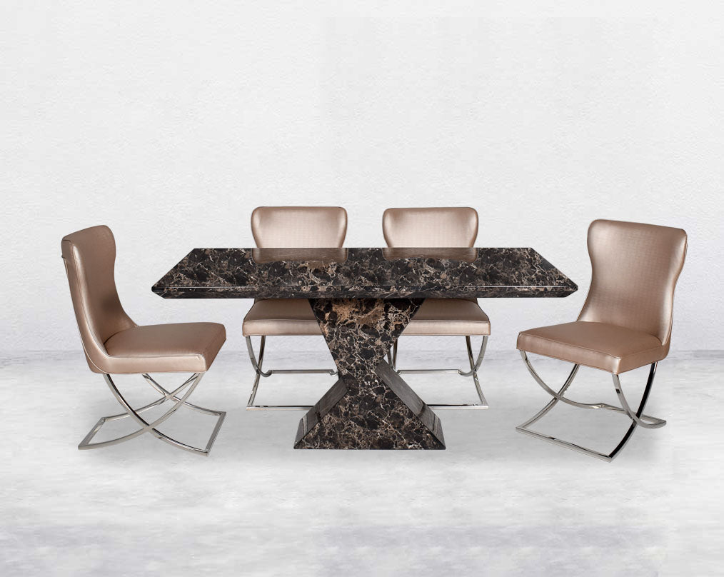 6 & 8 Seater rectangular marble dining table. Dining chair upholstered in faux leather with high polished stainless steel legs in a cross design.