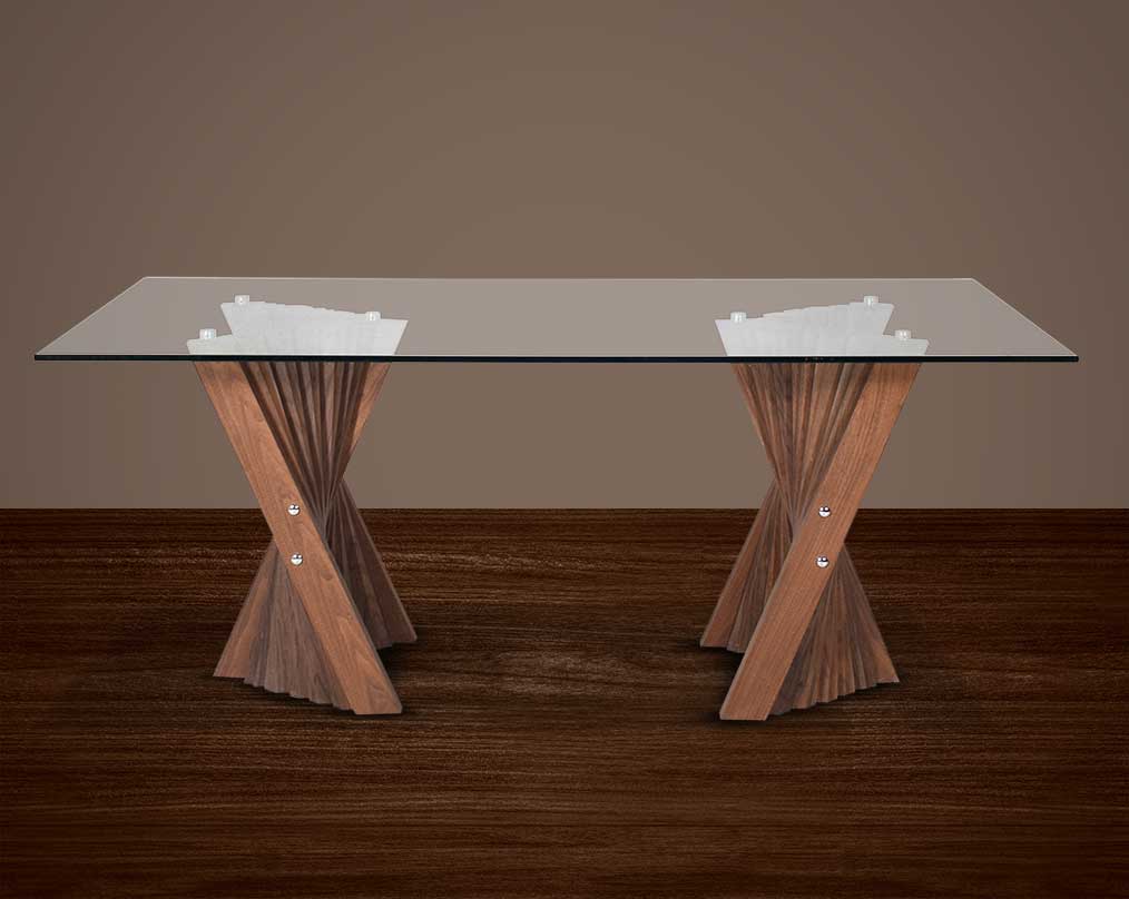 6 seater rectangle dining table with clear glass top and walnut veneer wood base.