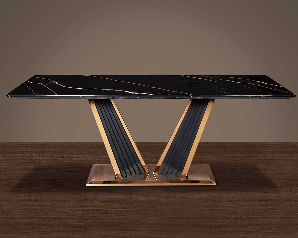 This glorious marble top dining table features a tree bark design motif finished in glossy rose gold plated stainless steel & black sandblasted base. It comfortably seats 8 people making an elegant & opulent style statement in any home.