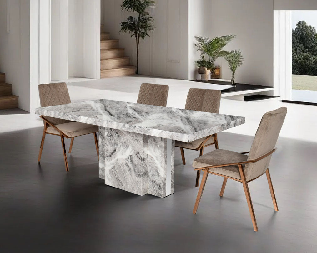 6 & 8 Seater rectangular dining table with marble top and base in glossy finish with stainless steel trims at the sides. Dining chair upholstered in faux leather with high polished stainless steel legs in cross design.