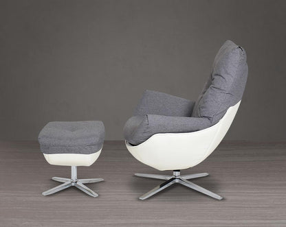 This lounge chair and ottoman set is designed to serve as the epitome of comfort for your leisure time. The chair is made with dense foam padding, comes finely upholstered in fabric with faux leather and stainless steel base with swivel. The lounge chair 