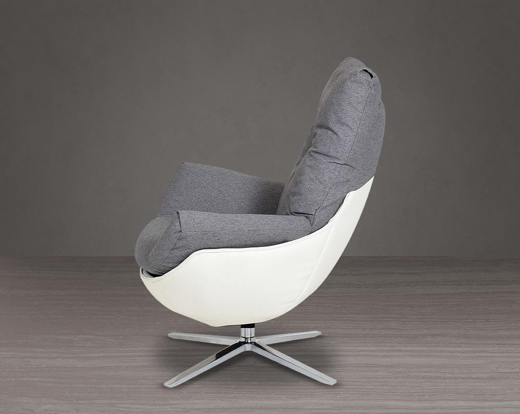 The chair is made with dense foam padding, comes finely upholstered in fabric with faux leather and stainless steel base with swivel.