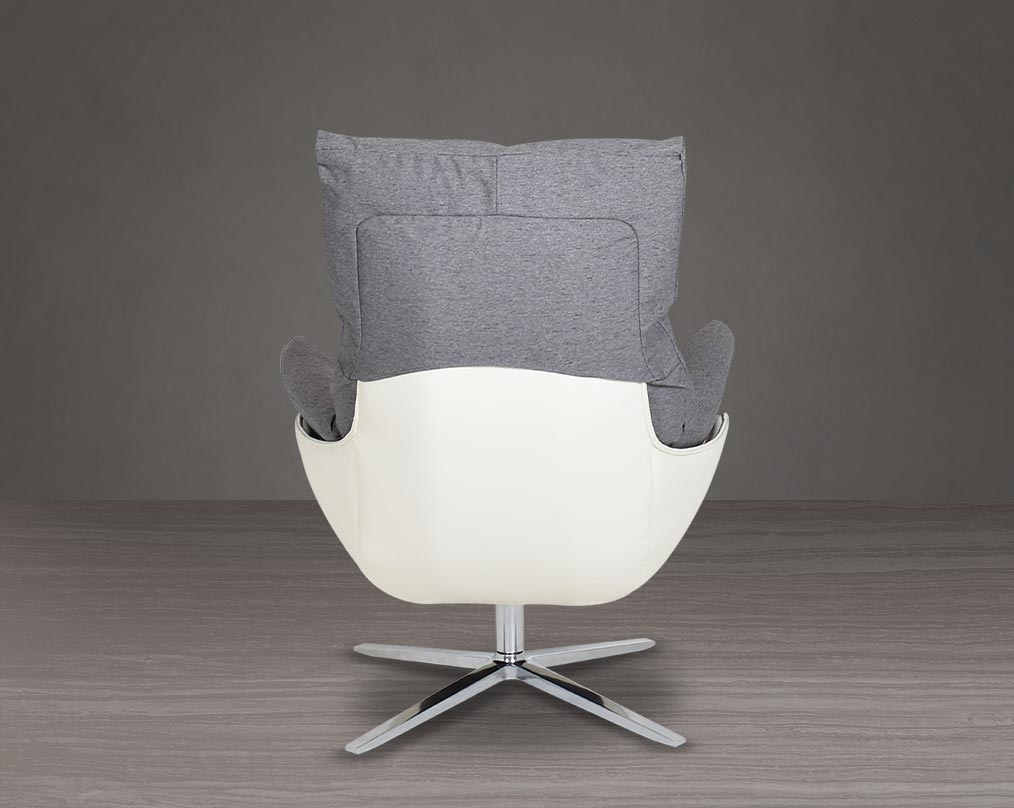 The chair is made with dense foam padding, comes finely upholstered in fabric with faux leather and stainless steel base with swivel.