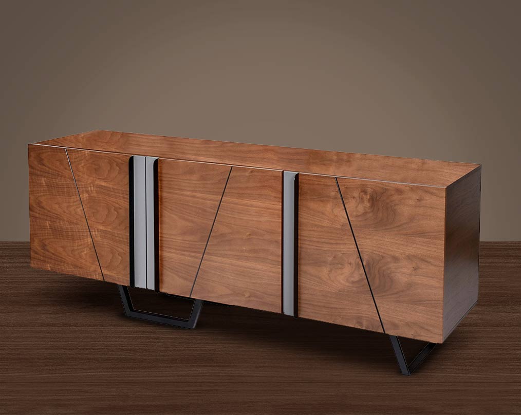 Buffet/Cabinet in light walnut and grey glossy finish with metal powder-coated legs in rich contemporary design.