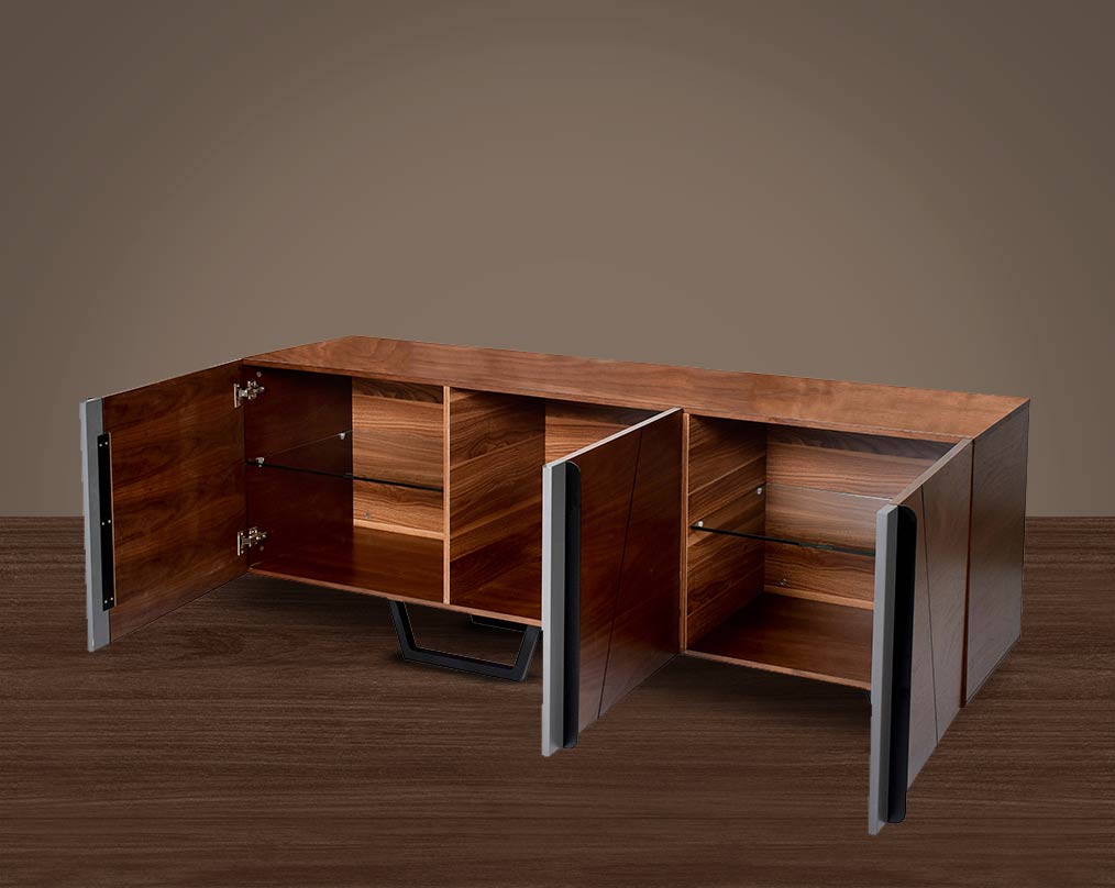 Buffet/Cabinet in light walnut and grey glossy finish open 2 drawer  with metal powder-coated legs in rich contemporary design.