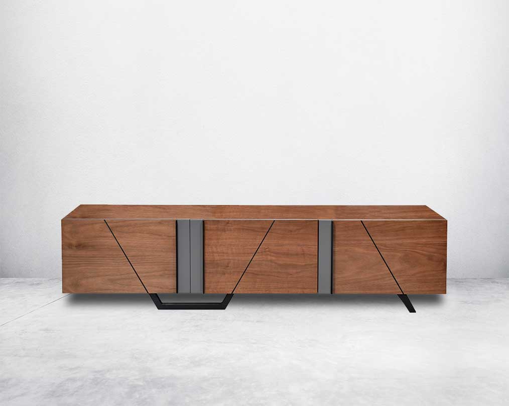 T V Unit in light walnut and grey glossy finish with metal powder-coated legs in rich contemporary design.