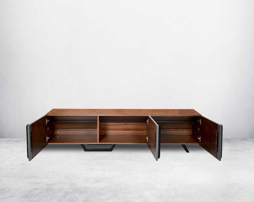 T V Unit in light open  drawer  walnut and grey glossy finish with metal powder-coated legs in rich contemporary design.