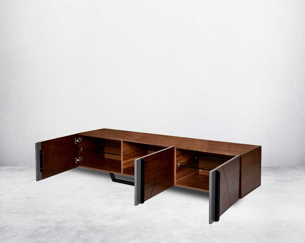 T V Unit in light walnut and grey glossy finish with metal powder-coated legs in rich contemporary design.