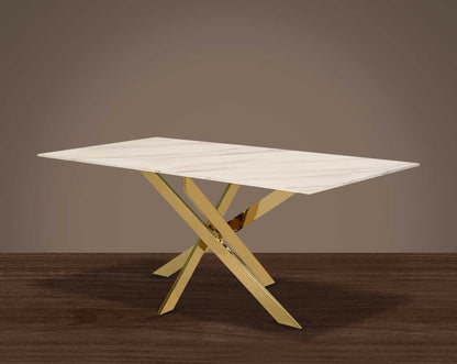 This chic 6 seater rectangular dining table has a marble finish glass tabletop with shiny gold plated stainless steel base