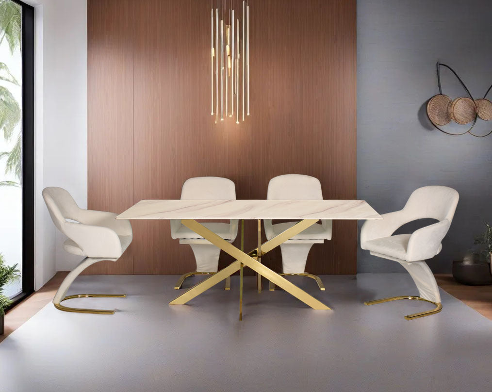 This chic 6 seater rectangular dining table has a marble finish glass tabletop with shiny gold plated stainless steel base Fabric Dining Chair with white colour